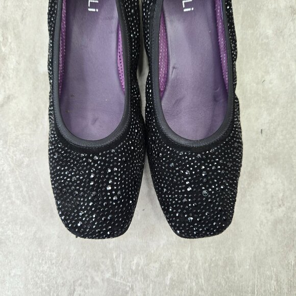 Vaneli Hidden Wedge Ballet Flats Sz 7 Black Suede Rhinestone Studded Dressy Shoe - Picture 9 of 11